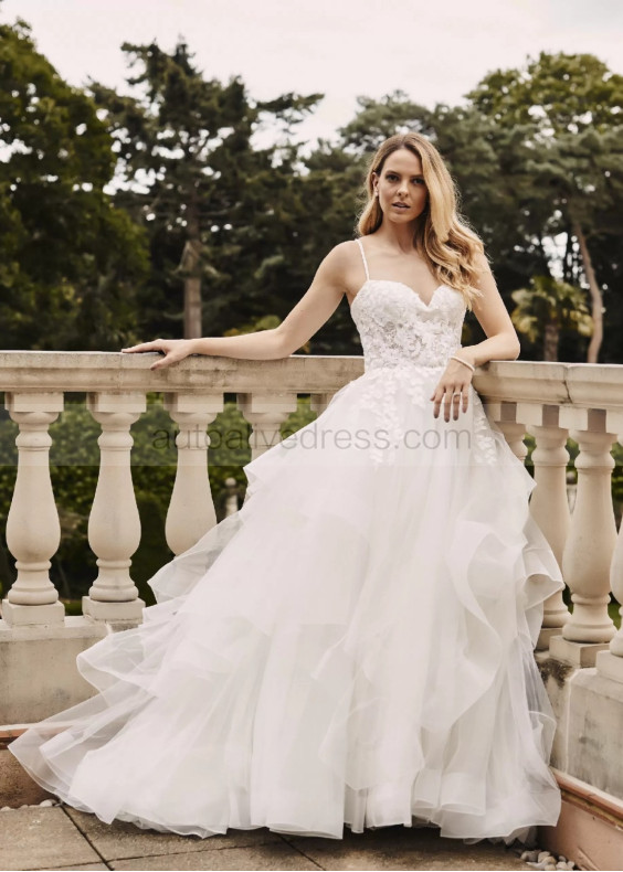 Beaded Spaghetti Straps Ivory Lace Tulle Ruffled Wedding Dress